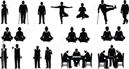 elderly, seniors, silhouette, activity, wellness, aging, meditation, exercise, therapy, healthcare, lifestyle, balance, interaction, mobility, independence