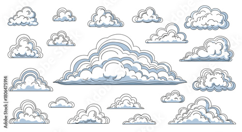 Large set of various cloud formations drawn in a vintage, engraved line art style, perfect for creating unique sky and weather scenes.