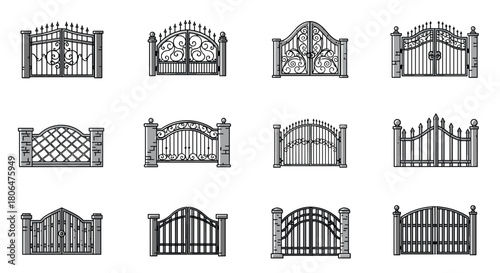 Set of twelve ornate and classic iron gates with stone pillars, illustrated in a detailed black and white line art style for architecture.