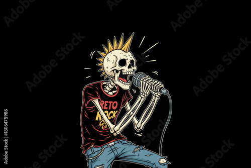 Punk rock skeleton singing into microphone with mohawk.
