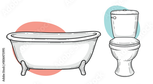 Hand-drawn sketch illustration of a classic clawfoot bathtub and a standard toilet, set against simple colored background shapes.