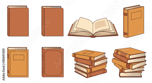 Collection of vintage-style books in various arrangements, including closed books, an open book, and stacked books, in a brown color palette.