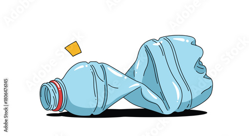 Cartoon illustration of a crushed blue plastic bottle with its yellow cap flying off, symbolizing recycling and environmental issues.
