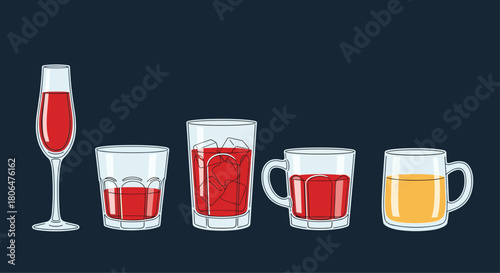 Row of five different glasses filled with red and yellow drinks, including a wine glass and mugs, illustrated in a clean outline style.