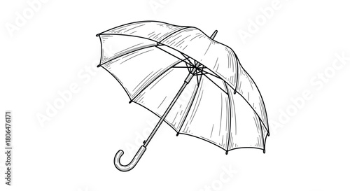 Classic open umbrella with a curved handle, depicted in a detailed, hand-drawn vintage engraving or sketch style on a white background.