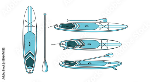 Set of stand-up paddleboard illustrations from various angles, including top-down and side views, with a matching paddle for water sports.