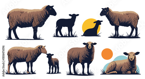 Set of stylized sheep and lamb illustrations in various poses, including standing, lying down, and interacting, some as simple silhouettes.