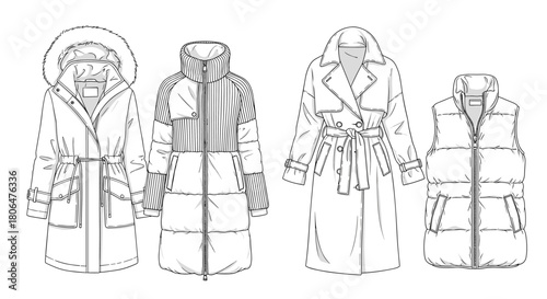 Fashion design technical sketches of four women's winter coats and vests, including a parka, puffer jacket, and trench coat.