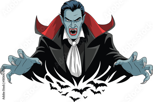 Powerful vampire monster illustration with sharp fangs and claws, spreading red cape, angry face, flying bats, dramatic gothic horror artwork