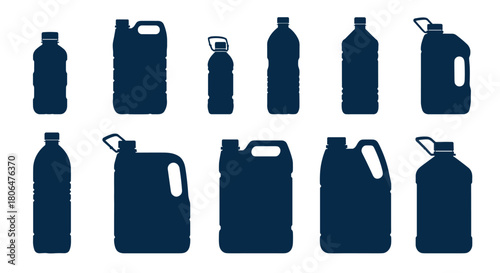 Set of twelve black silhouettes of various plastic bottles, jugs, and canisters, perfect for representing liquids, chemicals, or recycling.
