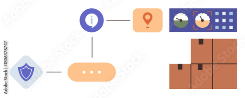 Secure workflow connecting information, location pins, monitoring dashboards, and stacked boxes for shipping. Ideal for logistics, supply chain, tracking, inventory, time management shipping secure