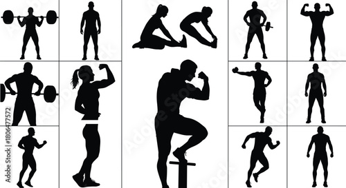 fitness, workout, training, exercise, bodybuilding, strength, athlete, muscle, gym, stretching, lifting, sports, silhouette, active, health