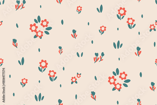 Seamless floral pattern, liberty ditsy print of mini daisies in retro motif. Cute baby botanical design of small hand drawn plants, tiny red flowers, leaves on white background. Vector illustration.