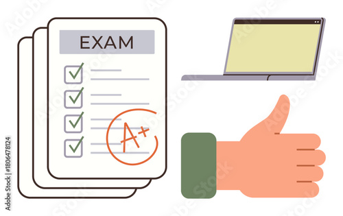 Stack of exam papers with A grade, open laptop, and thumbs-up hand gesture. Ideal for education, e-learning, tests, achievement, feedback motivation success. Simple flat metaphor