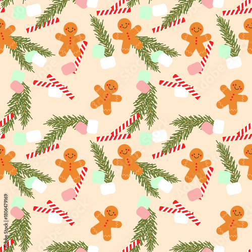 Christmas pattern with fir twigs, gingerbread cookies, marshmallows, and wafer rolls, festive winter design background.