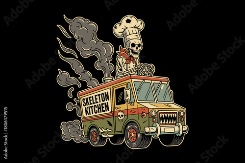 Spooky Skeleton Chef Driving a Food Truck with Smoke.