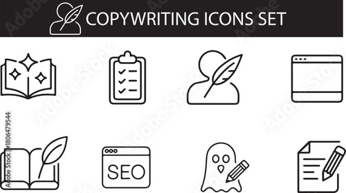 Copywriting Icon Set – Editable Line Icons – Content Writing, SEO Copy, Creative Text, Marketing Text – Vector Illustration