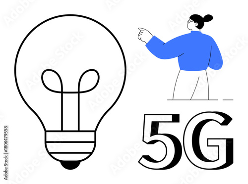 Light bulb symbolizes innovation, person gestures forward implying direction, and 5G represents connectivity. Ideal for technology, innovation, progress, communication, networking, creativity