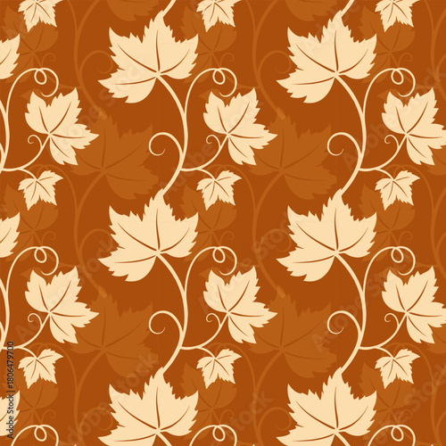 Pattern with grapevine silhouettes. Grape vine branches on an orange background. Autumn vibe. Textile.
