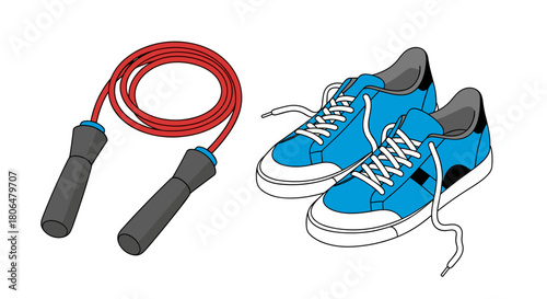 Red jump rope and blue sneakers isolated on for exercise