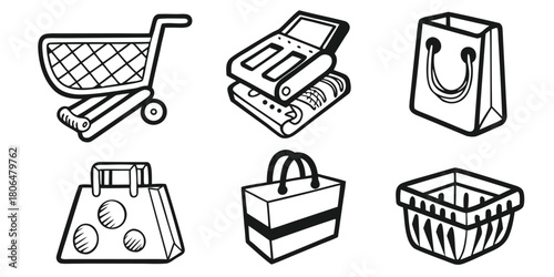 Shopping icons featuring a cart cash register and bags in a simple line art