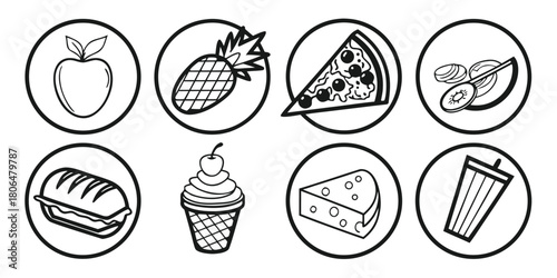 Assorted food icons in black and white featuring fruit pizza and ice cream