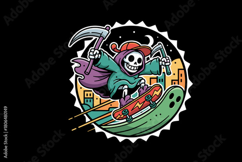 Grim Reaper Skateboarder Riding a Ghostly Wave.