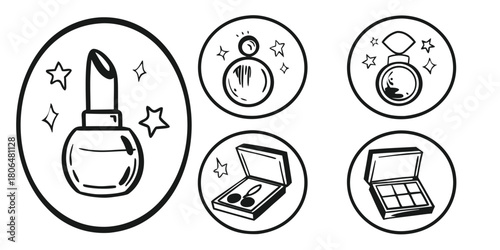 Black and white cosmetic icons featuring lipstick perfume and eyeshadow sets