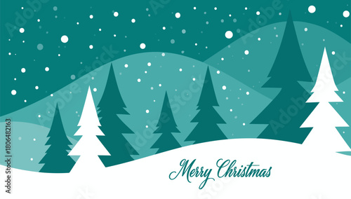 A beautiful winter landscape with evergreen trees and falling snowflakes creating a festive christmas atmosphere for holiday greetings