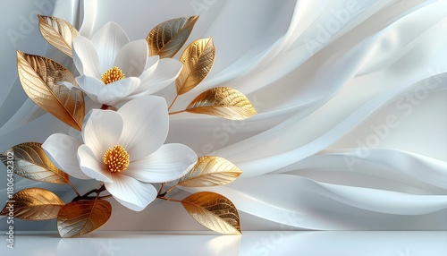 Elegant 3D white magnolia flowers with golden leaves on abstract geometric white background.