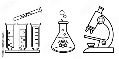 Line art illustration of science equipment including microscope and beakers