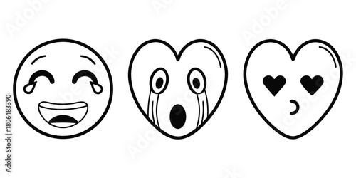 Three emoji icons expressing laughter sadness and love in a simple line art style