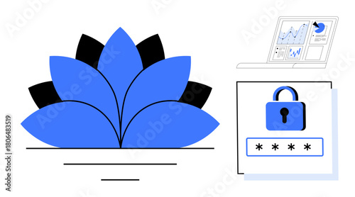 Blue-black flower symbol, password input with lock icon, and data analytics screen. Ideal for security, privacy, growth, data processing, cybersecurity innovation digital wellness. Simple flat