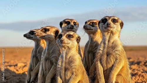 Group of Meerkats Standing Alertly in the Desert Landscape Watching.