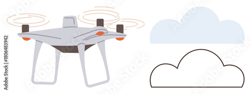 Modern quadcopter with spinning propellers hovering near cloud illustrations. Ideal for technology, innovation, automation, exploration, aerial photography, communication, surveillance. Simple flat