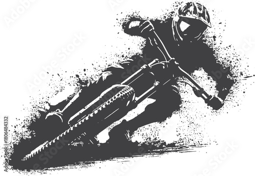 A high-intensity black-and-white illustration depicting a mountain biker rider leaning into a sharp turn, with dirt spraying and strong contrasts conveying speed, focus, and adrenaline