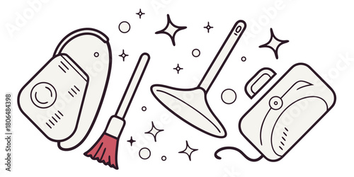 Cleaning tools arranged with sparkles for a fresh and tidy home illustration