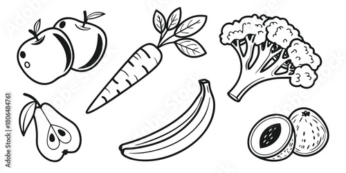 Black and white line art of healthy fruits and vegetables for coloring pages