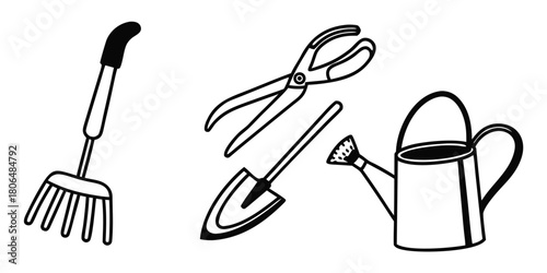 Gardening tools including a rake shears shovel and watering can illustration