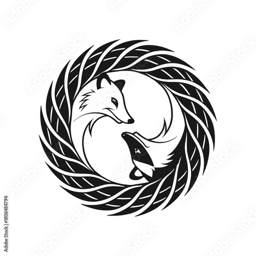 Stylized circle of two foxes embracing in a wreath