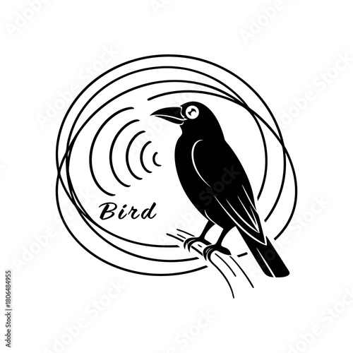 Black bird perched on branch emitting sound waves