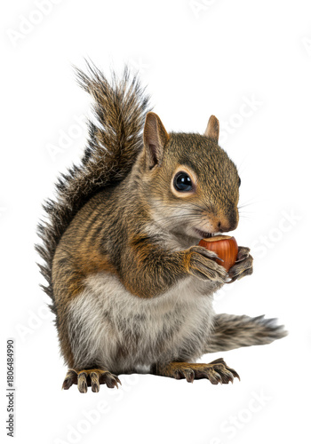 Highly detailed profile of a juvenile american grey squirrel actively nibbling a cracked hazelnut, ultra-photorealistic macro studio shot with high-key lighting on transparent. Concept of focused