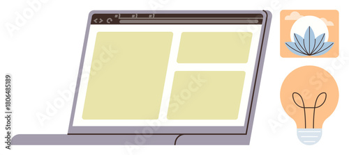 Laptop displaying webpage next to lightbulb and lotus flower. Ideal for creativity, innovation, mindfulness, productivity, technology, self-growth, online learning. Clean and simple flat metaphor
