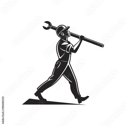 Silhouette of a mechanic carrying a large wrench