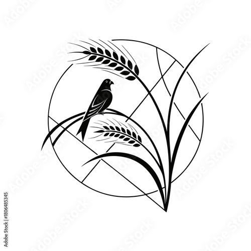 Black silhouette of a bird perched on wheat stalks within a circle
