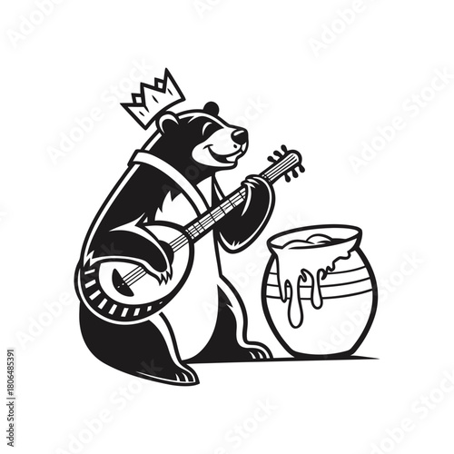King bear plays banjo next to honey pot