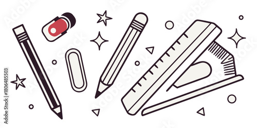 Artistic stationery arrangement with pencils ruler eraser and geometric shapes