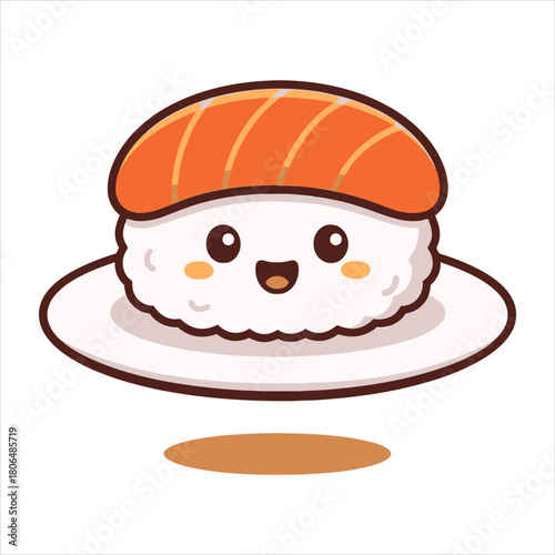 Adorable and smiling salmon nigiri sushi character on a white plate, presented as a cute flat vector logo illustration with a clean, classic graphic style perfect for food branding and menus