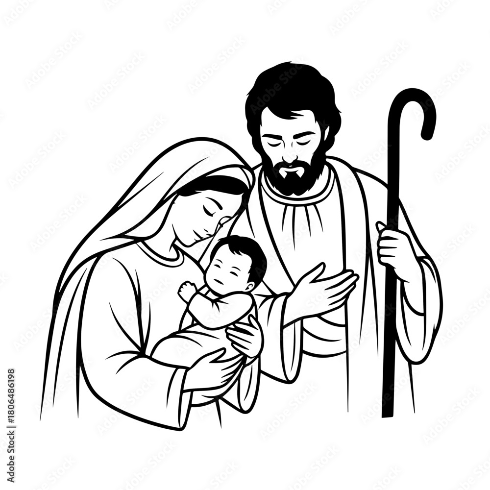 Fototapeta premium Holy Family Line Art Embracing Newborn Baby for Religious Blogs, Christmas Cards, Spiritual Awareness, Nativity Illustrations, and Religious Education