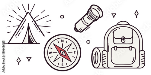 Camping adventure icons featuring a tent compass flashlight and backpack